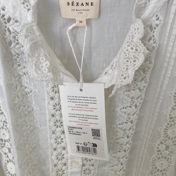 Sezane Rym Shirt Ecru NWT 36 - Picture 7 of 8